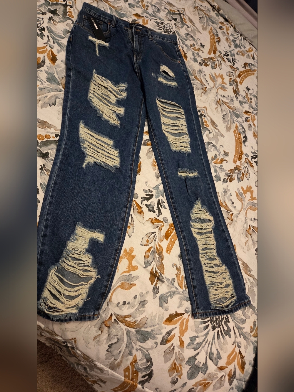 Fashion Nova Dark Indigo Distressed Straight Leg Jeans